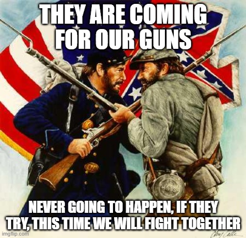 On your six | THEY ARE COMING FOR OUR GUNS; NEVER GOING TO HAPPEN, IF THEY TRY, THIS TIME WE WILL FIGHT TOGETHER | image tagged in civil war soldiers,brothers in arms,2nd amendment,on your six,common enemy | made w/ Imgflip meme maker
