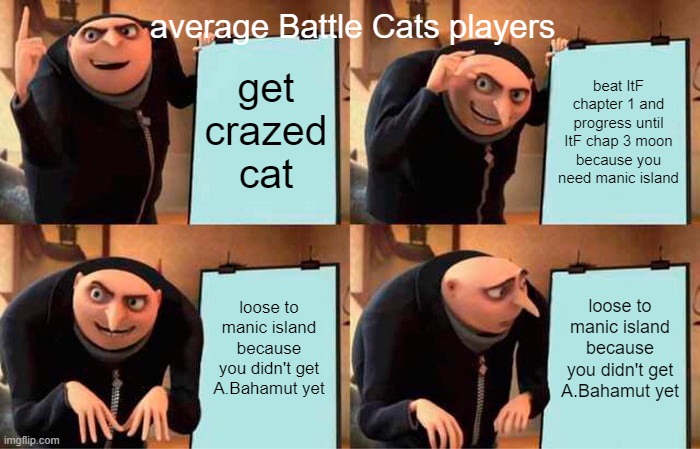 me when no manic island (Battle Cats) | average Battle Cats players; get crazed cat; beat ItF chapter 1 and progress until ItF chap 3 moon because you need manic island; loose to manic island because you didn't get A.Bahamut yet; loose to manic island because you didn't get A.Bahamut yet | image tagged in memes,gru's plan | made w/ Imgflip meme maker