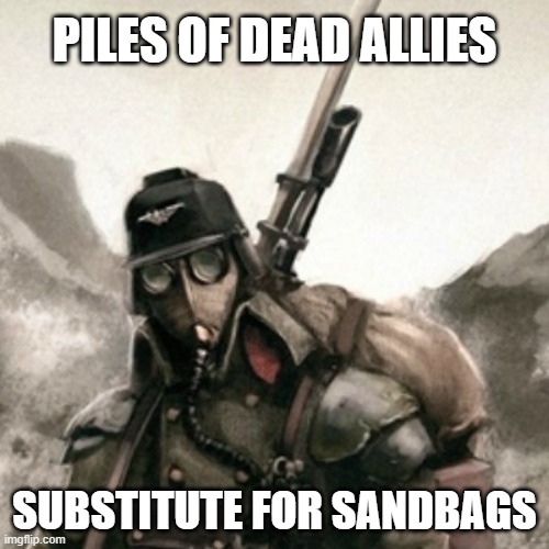 Death Korps of Krieg | PILES OF DEAD ALLIES; SUBSTITUTE FOR SANDBAGS | image tagged in death korps of krieg | made w/ Imgflip meme maker