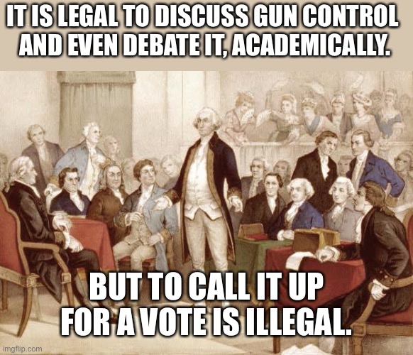 Don’t Tread On Me Or My Rights | IT IS LEGAL TO DISCUSS GUN CONTROL 
AND EVEN DEBATE IT, ACADEMICALLY. BUT TO CALL IT UP FOR A VOTE IS ILLEGAL. | image tagged in first continental congress | made w/ Imgflip meme maker