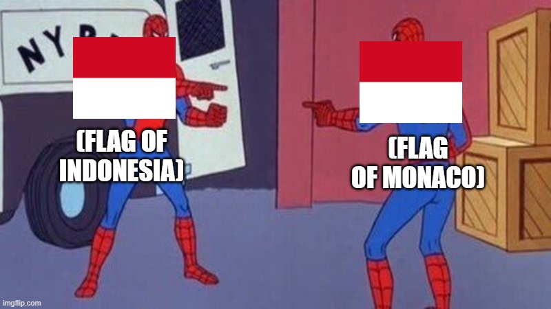 And Poland too! And ANY other flag that is red and white too! | (FLAG OF INDONESIA); (FLAG OF MONACO) | image tagged in spiderman pointing at spiderman | made w/ Imgflip meme maker