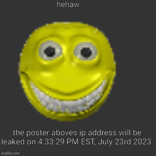 hehehaw | hehaw; the poster aboves ip address will be leaked on 4:33:29 PM EST, July 23rd 2023 | made w/ Imgflip meme maker