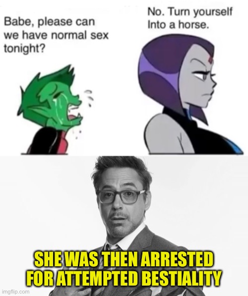 SHE WAS THEN ARRESTED FOR ATTEMPTED BESTIALITY | image tagged in robert downey jr's comments | made w/ Imgflip meme maker
