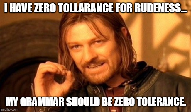 One Does Not Simply | I HAVE ZERO TOLLARANCE FOR RUDENESS... MY GRAMMAR SHOULD BE ZERO TOLERANCE. | image tagged in memes,one does not simply | made w/ Imgflip meme maker
