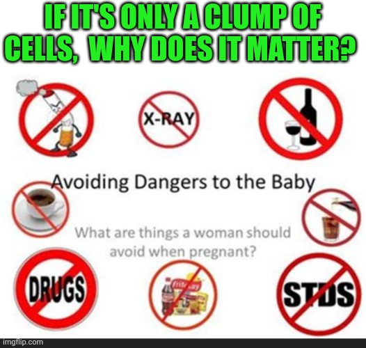 Liberal logic: You can kill it,  but don't drink,  smoke,  eat sushi or get an x ray. That would make you irresponsible | IF IT'S ONLY A CLUMP OF CELLS,  WHY DOES IT MATTER? | image tagged in abortion,liberal logic,unborn life | made w/ Imgflip meme maker