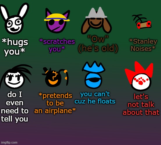 how my silly characters would react if you picked them up | "Ow" (he's old); *scratches you*; *Stanley Noises*; *hugs you*; do I even need to tell you; you can't cuz he floats; *pretends to be an airplane*; let's not talk about that | image tagged in bunni | made w/ Imgflip meme maker