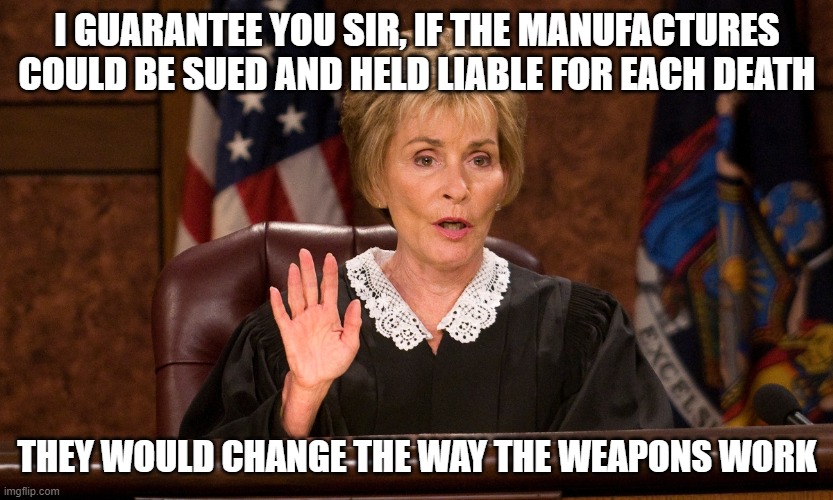 Judge judy | I GUARANTEE YOU SIR, IF THE MANUFACTURES COULD BE SUED AND HELD LIABLE FOR EACH DEATH THEY WOULD CHANGE THE WAY THE WEAPONS WORK | image tagged in judge judy | made w/ Imgflip meme maker