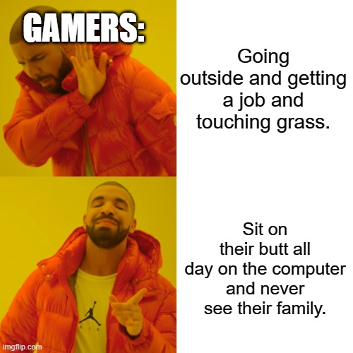 Gamers in a nutshell | Going outside and getting a job and touching grass. GAMERS:; Sit on their butt all day on the computer and never see their family. | image tagged in memes,drake hotline bling | made w/ Imgflip meme maker