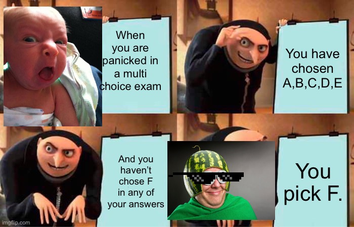 Gru's Plan Meme | When you are panicked in a multi choice exam; You have chosen A,B,C,D,E; And you haven’t chose F in any of your answers; You pick F. | image tagged in memes,gru's plan | made w/ Imgflip meme maker