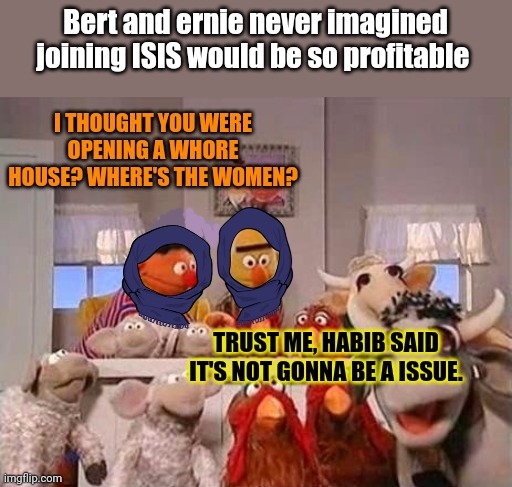 No. This is not ok | I THOUGHT YOU WERE OPENING A WHORE HOUSE? WHERE'S THE WOMEN? TRUST ME, HABIB SAID IT'S NOT GONNA BE A ISSUE. Bert and ernie never imagined j | image tagged in no,this is not okie dokie,sesame street,joins the battle,isis | made w/ Imgflip meme maker