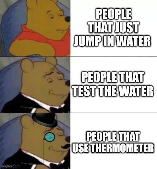 I just got back for the pool and I saw someone use a thermometer one | PEOPLE THAT JUST JUMP IN WATER; PEOPLE THAT TEST THE WATER; PEOPLE THAT USE THERMOMETER | image tagged in fancy pooh | made w/ Imgflip meme maker