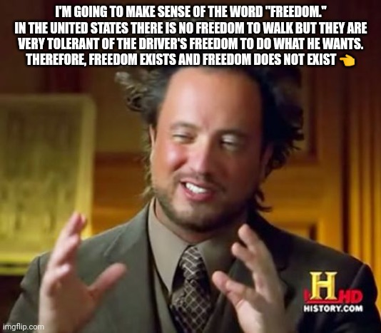 Freedom | I'M GOING TO MAKE SENSE OF THE WORD "FREEDOM." IN THE UNITED STATES THERE IS NO FREEDOM TO WALK BUT THEY ARE
 VERY TOLERANT OF THE DRIVER'S FREEDOM TO DO WHAT HE WANTS. 
THEREFORE, FREEDOM EXISTS AND FREEDOM DOES NOT EXIST 👈 | image tagged in memes | made w/ Imgflip meme maker