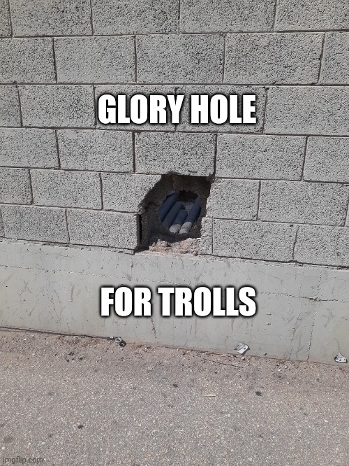 glory hole for trolls | GLORY HOLE; FOR TROLLS | image tagged in glory hole,troll,trolls | made w/ Imgflip meme maker