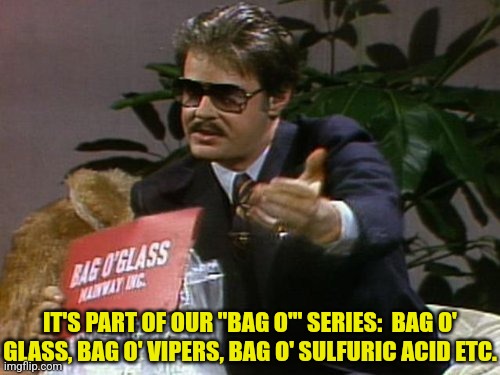 IT'S PART OF OUR "BAG O'" SERIES:  BAG O' GLASS, BAG O' VIPERS, BAG O' SULFURIC ACID ETC. | made w/ Imgflip meme maker