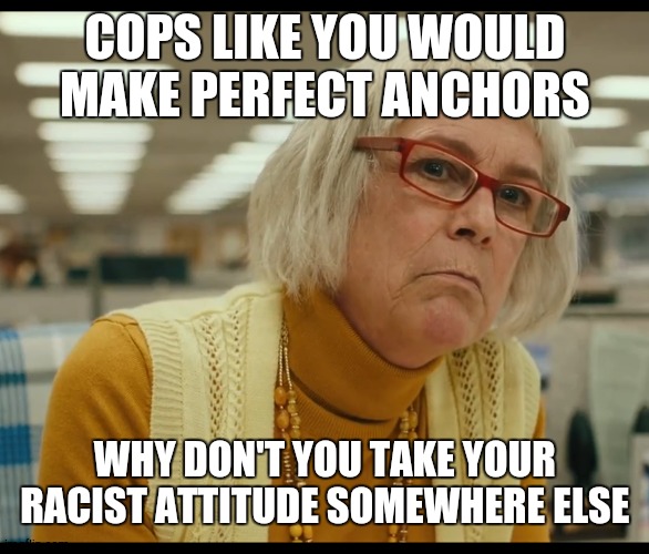 Auditor Bitch | COPS LIKE YOU WOULD MAKE PERFECT ANCHORS; WHY DON'T YOU TAKE YOUR RACIST ATTITUDE SOMEWHERE ELSE | image tagged in auditor bitch | made w/ Imgflip meme maker