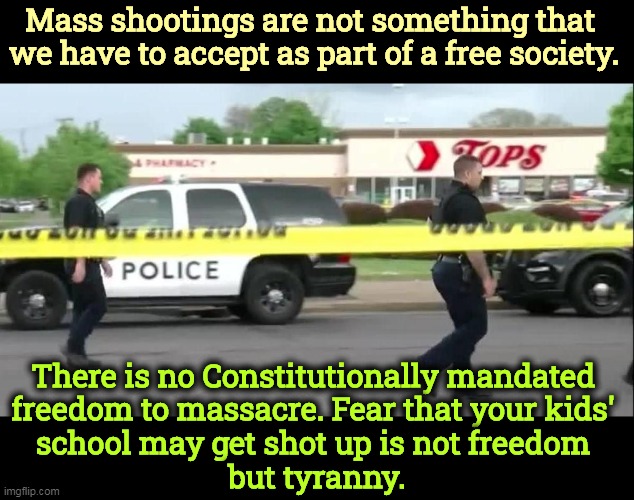 The Constitution does not protect 18-year-olds with military weapons shooting up schools as part of a well regulated militia. | Mass shootings are not something that 
we have to accept as part of a free society. There is no Constitutionally mandated 
freedom to massacre. Fear that your kids' 
school may get shot up is not freedom 
but tyranny. | image tagged in second amendment,insanity,massacre,school shootings,gun,nuts | made w/ Imgflip meme maker