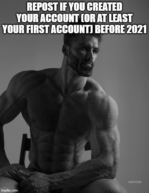 Giga Chad | REPOST IF YOU CREATED YOUR ACCOUNT (OR AT LEAST YOUR FIRST ACCOUNT) BEFORE 2021 | image tagged in giga chad | made w/ Imgflip meme maker