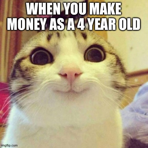 :) | WHEN YOU MAKE MONEY AS A 4 YEAR OLD | image tagged in memes,smiling cat,cats,happy cat | made w/ Imgflip meme maker