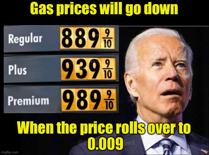 Biden’s promise to Democrats | Gas prices will go down; When the price rolls over to 
0.009 | image tagged in joe biden,inflation,liberal logic | made w/ Imgflip meme maker