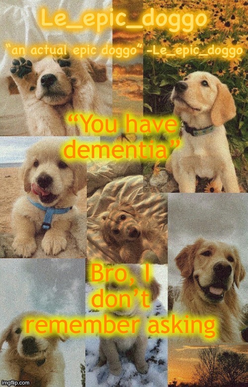 Doggo temp by doggo. Wait what that’s confusing | “You have dementia”; Bro, I don’t remember asking | image tagged in doggo temp by doggo wait what that s confusing | made w/ Imgflip meme maker