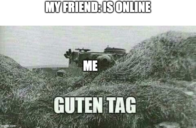 Guten Tag Komerad | MY FRIEND: IS ONLINE; ME | image tagged in german guten tag tiger | made w/ Imgflip meme maker