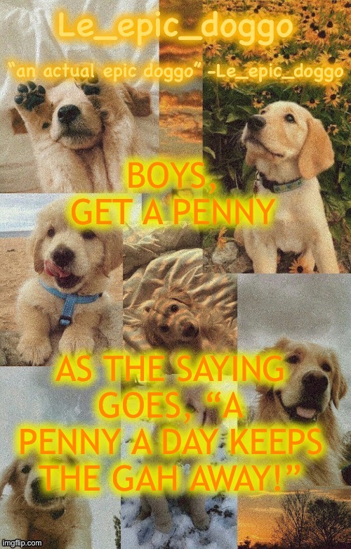 Doggo temp by doggo. Wait what that’s confusing | BOYS, GET A PENNY; AS THE SAYING GOES, “A PENNY A DAY KEEPS THE GAH AWAY!” | image tagged in doggo temp by doggo wait what that s confusing | made w/ Imgflip meme maker