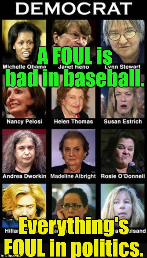 dimocrats be fugly. | A FOUL is bad in baseball. Everything's FOUL in politics. | image tagged in dimocrats be fugly | made w/ Imgflip meme maker