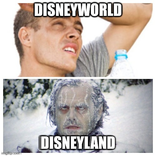 Hot vs cold: Disneyland and Disneyworld lol | DISNEYWORLD; DISNEYLAND | image tagged in too funny | made w/ Imgflip meme maker