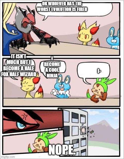 *Final evolution* |  OK WHOEVER HAS THE WORST EVOLUTION IS FIRED; IT ISN'T MUCH BUT I BECOME A HALF FOX HALF WIZARD; I BECOME A COOL NINJA; I-; NOPE. | image tagged in pokemon board meeting | made w/ Imgflip meme maker