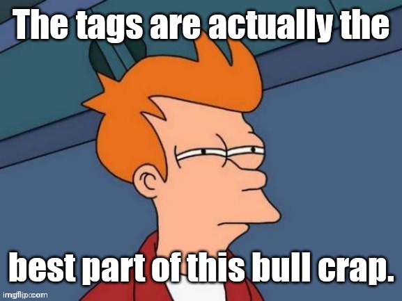 Fry is not sure... | The tags are actually the best part of this bull crap. | image tagged in fry is not sure | made w/ Imgflip meme maker