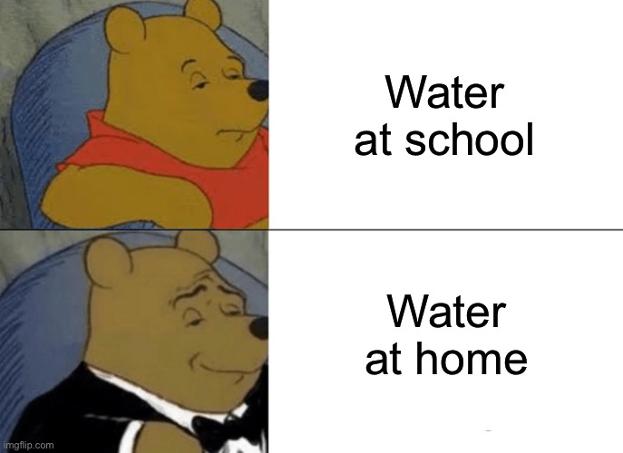 idk | Water at school; Water at home | image tagged in memes,tuxedo winnie the pooh | made w/ Imgflip meme maker