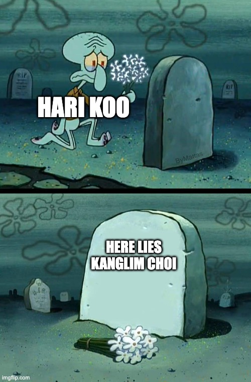 Hari Koo is sad because Kanglim is dead | HARI KOO; HERE LIES
KANGLIM CHOI | image tagged in here lies squidward meme,hari koo,kanglim choi,shinbi,shinbi house | made w/ Imgflip meme maker