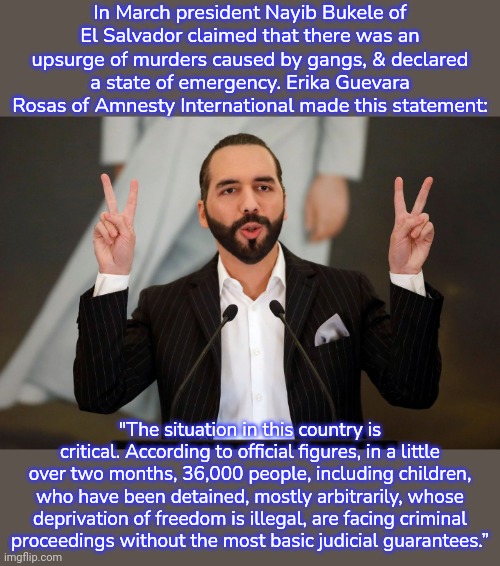 18 people have died in custody. | In March president Nayib Bukele of El Salvador claimed that there was an upsurge of murders caused by gangs, & declared a state of emergency. Erika Guevara Rosas of Amnesty International made this statement:; "The situation in this country is critical. According to official figures, in a little over two months, 36,000 people, including children, who have been detained, mostly arbitrarily, whose deprivation of freedom is illegal, are facing criminal
proceedings without the most basic judicial guarantees.” | image tagged in el salvador president nayib bukele,human rights,police state | made w/ Imgflip meme maker