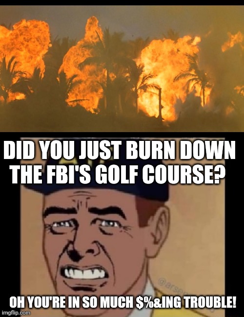Big mistake. Huge. | DID YOU JUST BURN DOWN THE FBI'S GOLF COURSE? OH YOU'RE IN SO MUCH $%&ING TROUBLE! | image tagged in fbi,why is the fbi here | made w/ Imgflip meme maker