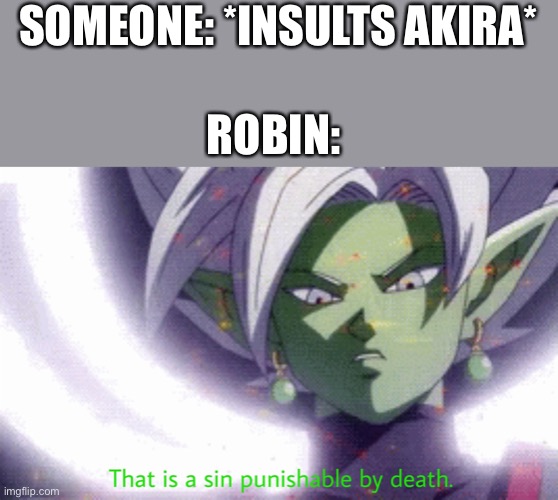 Lol hail zama-sama | SOMEONE: *INSULTS AKIRA*; ROBIN: | image tagged in ningen | made w/ Imgflip meme maker