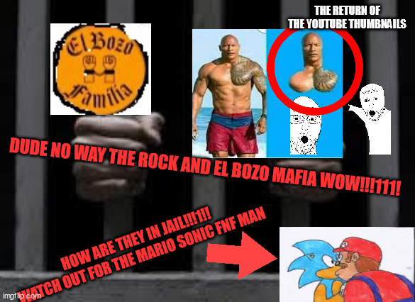Jail | THE RETURN OF THE YOUTUBE THUMBNAILS; DUDE NO WAY THE ROCK AND EL BOZO MAFIA WOW!!!111! HOW ARE THEY IN JAIL!!!1!! WATCH OUT FOR THE MARIO SONIC FNF MAN | image tagged in jail | made w/ Imgflip meme maker