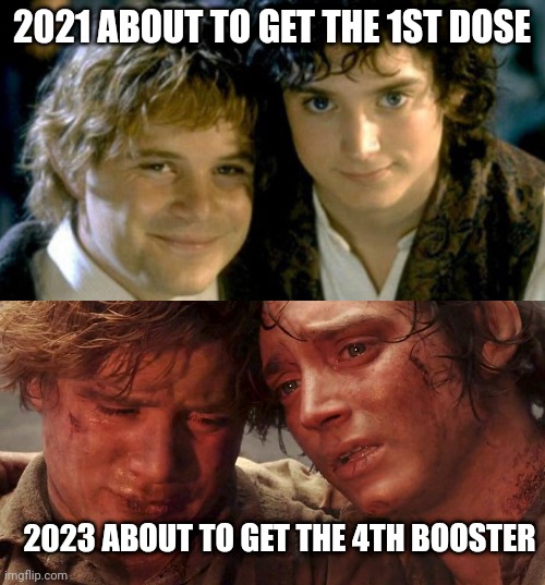 Sam and Frodo Before and After Mt Doom | 2021 ABOUT TO GET THE 1ST DOSE; 2023 ABOUT TO GET THE 4TH BOOSTER | image tagged in sam and frodo before and after mt doom | made w/ Imgflip meme maker
