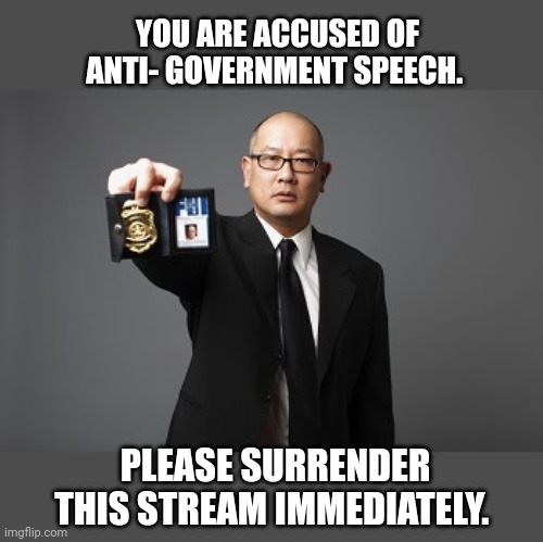 Please surrender this stream immediately | YOU ARE ACCUSED OF ANTI- GOVERNMENT SPEECH. PLEASE SURRENDER THIS STREAM IMMEDIATELY. | image tagged in fbi | made w/ Imgflip meme maker