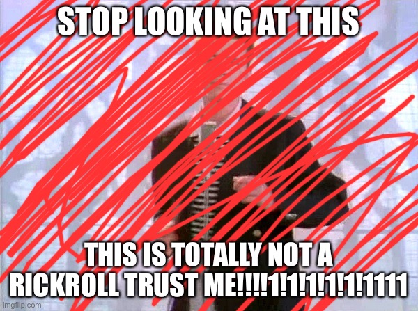 rickrolling | STOP LOOKING AT THIS THIS IS TOTALLY NOT A RICKROLL TRUST ME!!!!1!1!1!1!1!1111 | image tagged in rickrolling | made w/ Imgflip meme maker