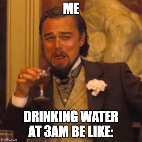 water at 3am | ME; DRINKING WATER AT 3AM BE LIKE: | image tagged in memes,laughing leo | made w/ Imgflip meme maker