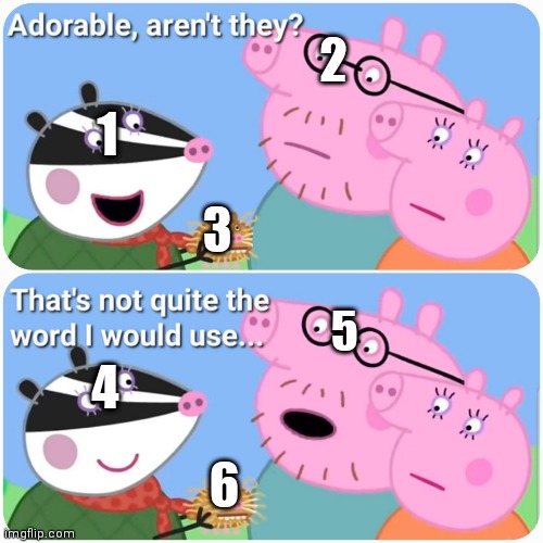 New Template! Look in comments to use! | 2; 1; 3; 5; 4; 6 | image tagged in that's not quite the word i would use,peppa pig,guinea pig,adorable,oh wow are you actually reading these tags,custom template | made w/ Imgflip meme maker