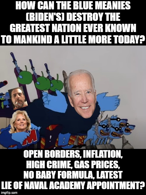 How can the Blue meanies (Biden's) destroy the greatest nation | HOW CAN THE BLUE MEANIES (BIDEN'S) DESTROY THE GREATEST NATION EVER KNOWN TO MANKIND A LITTLE MORE TODAY? OPEN BORDERS, INFLATION, HIGH CRIME, GAS PRICES, NO BABY FORMULA, LATEST LIE OF NAVAL ACADEMY APPOINTMENT? | image tagged in stupid people | made w/ Imgflip meme maker