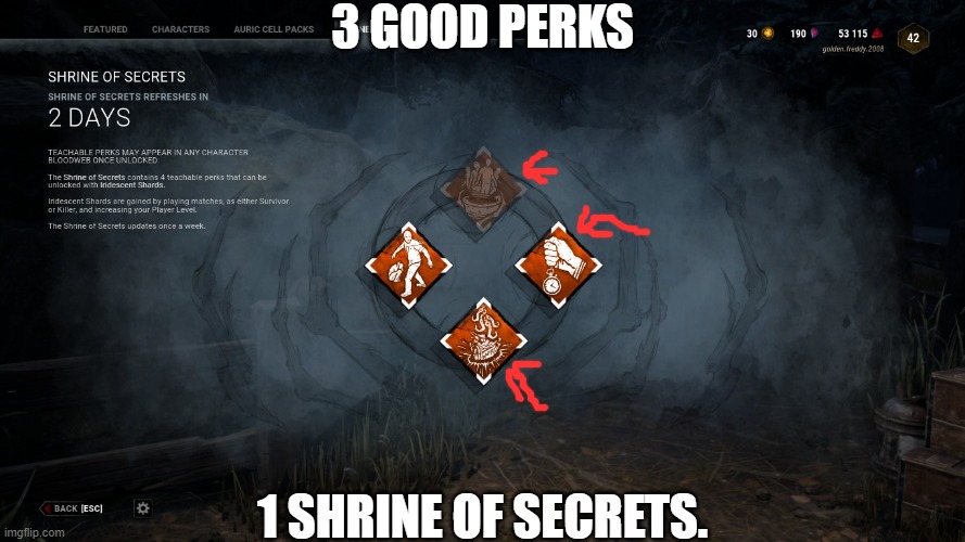 alright bois | 3 GOOD PERKS; 1 SHRINE OF SECRETS. | image tagged in barbecue,chili | made w/ Imgflip meme maker