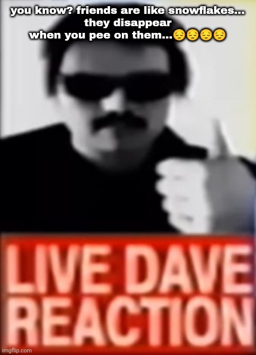 Live Dave Reaction | you know? friends are like snowflakes...
they disappear when you pee on them...😔😔😔😔 | image tagged in live dave reaction | made w/ Imgflip meme maker