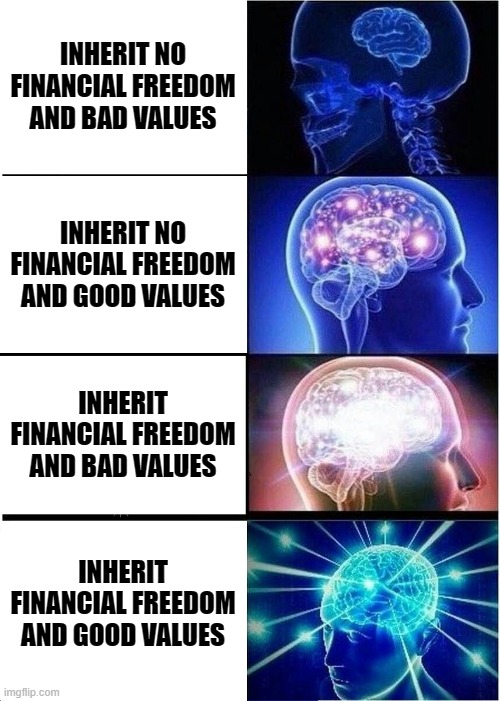 Expanding Brain | INHERIT NO FINANCIAL FREEDOM AND BAD VALUES; INHERIT NO FINANCIAL FREEDOM AND GOOD VALUES; INHERIT FINANCIAL FREEDOM AND BAD VALUES; INHERIT FINANCIAL FREEDOM AND GOOD VALUES | image tagged in memes,expanding brain | made w/ Imgflip meme maker