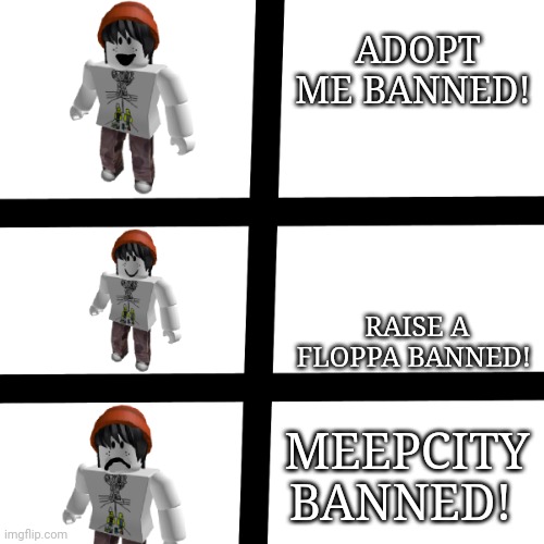 Roox game bans | ADOPT ME BANNED! RAISE A FLOPPA BANNED! MEEPCITY BANNED! | image tagged in qtplayz | made w/ Imgflip meme maker