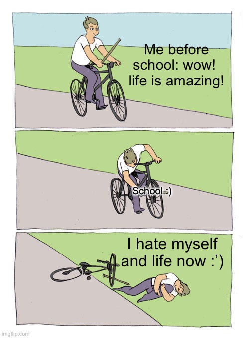 Why school…. :( | Me before school: wow! 
life is amazing! School :); I hate myself and life now :’) | image tagged in memes,bike fall,school | made w/ Imgflip meme maker