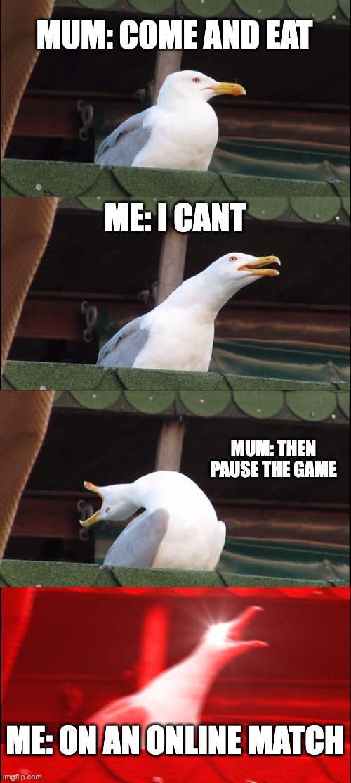 Inhaling Seagull Meme | MUM: COME AND EAT; ME: I CANT; MUM: THEN PAUSE THE GAME; ME: ON AN ONLINE MATCH | image tagged in memes,inhaling seagull | made w/ Imgflip meme maker