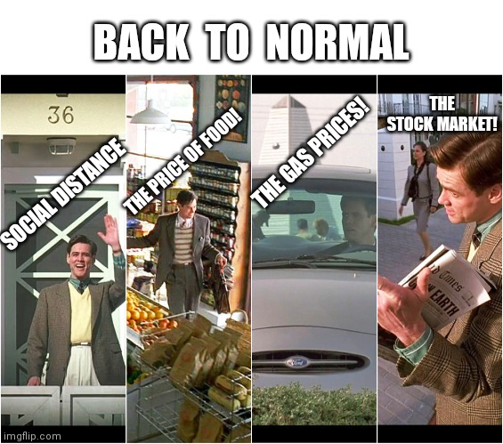 Not so back to normal, they said | BACK  TO  NORMAL; THE STOCK MARKET! THE GAS PRICES! THE PRICE OF FOOD! SOCIAL DISTANCE | image tagged in end of the world,jim carrey | made w/ Imgflip meme maker