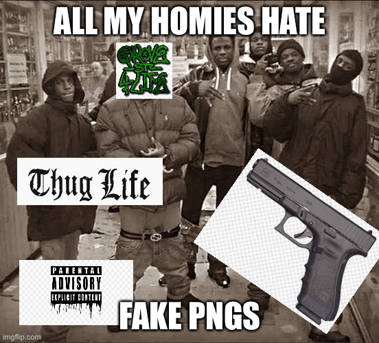 fake pngs | ALL MY HOMIES HATE; FAKE PNGS | image tagged in all my homies hate,memes | made w/ Imgflip meme maker